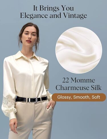 LilySilk 22 Momme Pure Silk Blouse for Women Elegant Lace Stitched Long Sleeves Retro Classic Shirt for Ladies in Kuwait