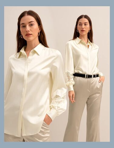 LilySilk 22 Momme Pure Silk Blouse for Women Elegant Lace Stitched Long Sleeves Retro Classic Shirt for Ladies in Kuwait