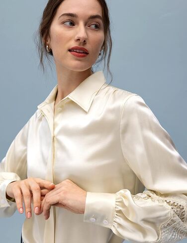 LilySilk 22 Momme Pure Silk Blouse for Women Elegant Lace Stitched Long Sleeves Retro Classic Shirt for Ladies in Kuwait