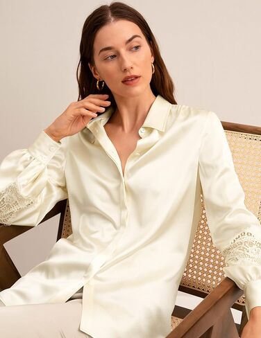 LilySilk 22 Momme Pure Silk Blouse for Women Elegant Lace Stitched Long Sleeves Retro Classic Shirt for Ladies in Kuwait