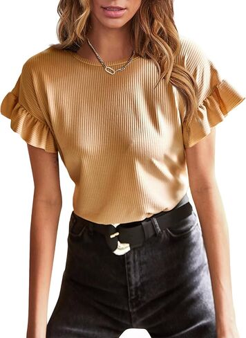 EVALESS Womens Short Sleeve Casual Basic T Shirts Summer Ruffle Plain Round Neck Knit Loose Fit Tee Tops Blouses in Saudi Arabia