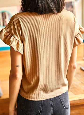 EVALESS Womens Short Sleeve Casual Basic T Shirts Summer Ruffle Plain Round Neck Knit Loose Fit Tee Tops Blouses in Saudi Arabia
