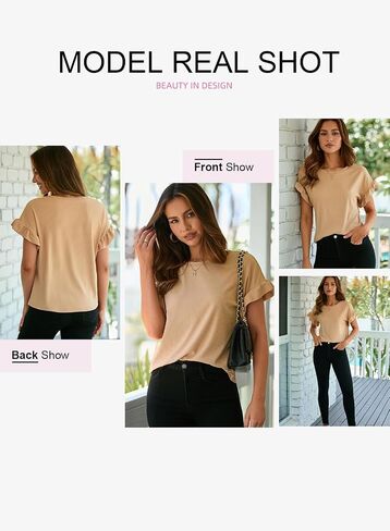 EVALESS Womens Short Sleeve Casual Basic T Shirts Summer Ruffle Plain Round Neck Knit Loose Fit Tee Tops Blouses in Saudi Arabia