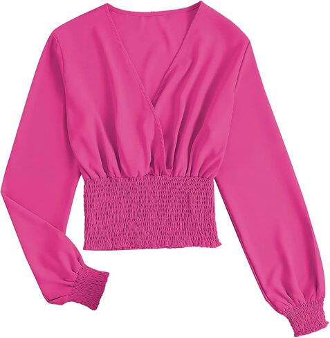 LYANER Women's V Neck Shirred Polka Dots Long Sleeve Frill Crop Blouse Shirt Tops in Saudi Arabia