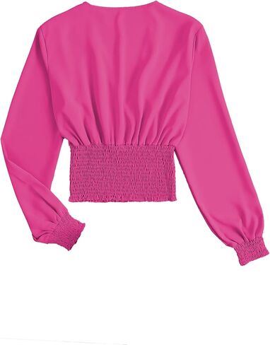 LYANER Women's V Neck Shirred Polka Dots Long Sleeve Frill Crop Blouse Shirt Tops in Saudi Arabia