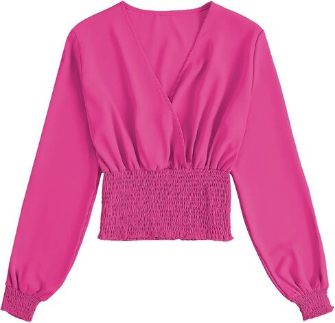 LYANER Women's V Neck Shirred Polka Dots Long Sleeve Frill Crop Blouse Shirt Tops in Saudi Arabia
