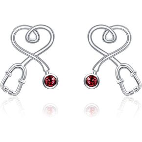 Nurse Earrings Heart Studs Sterling Silver Stethoscope Earrings Simulated Birthstone Crystals, Fine Jewelry Gifts for Nurse Doctor RN Medical Student