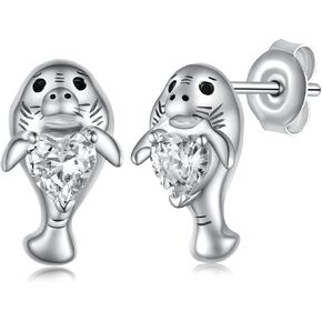 Manatee Earrings 925 Sterling Silver Manatee Stud Earrings Cute Animal Earrings Jewelry for Women Teen Girls Sister Daughter Birthday Gifts