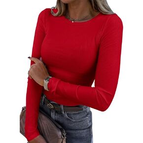 Roselux Womens Long Sleeve Stretch Crewneck Ribbed T-Shirt Fitted Casual Basic Tops