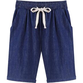 XinYangNi Women's Elastic Waist Casual Comfy Cotton Linen Beach Shorts with Drawstring Knee Length Curling Bermuda Shorts