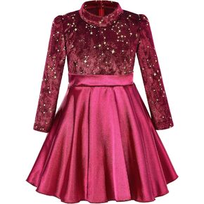 Flofalllzique Girls Velvet Dress Long Sleeve A-Line Mock Neck Casual Kids Vintage Fall Dresses