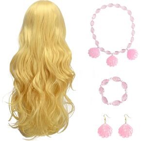 KISPATTI شقراء شعر مستعار باربي للنساء، شعر مستعار باربي شقراء مع الانفجارات، شعر مستعار أشقر طويل متموج الاصطناعية مجعد الشعر لحفلة عيد جميع القديسين تأثيري بما في ذلك شل قلادة أساور الأقراط وكأس شعر مستعار in Kuwait