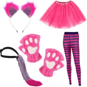 Suhine 5 Pcs Pink and Purple Striped Cat Costume for Girls Women Halloween Cosplay Costume, Cat Paws Gloves, Striped Leggings, Cat Ears Headband, Furry Tail, Tutu Skirt for Cosplay Party Accessories in Kuwait