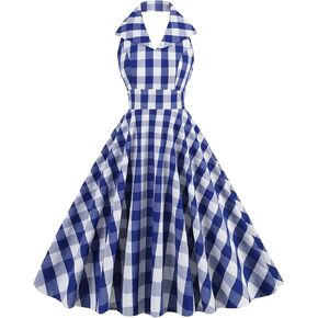 Women's Vintage Plaid Dress Spaghetti Strap Gingham A-line Swing Cocktail Party Dresses