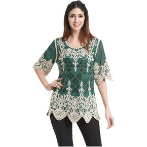 SIMPLY COUTURE Women's Summer Elbow Sleeve Scoop Neck Sheer Crochet Accent Soutache Sequin Tunic