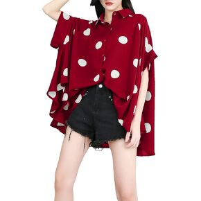ellazhu Women's Summer Batwing Sleeve Oversized Button Down Blouse with Polka Dot Print Shirt Top GY1903