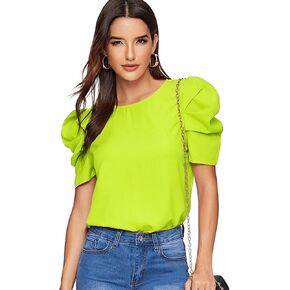 Floerns Women's Round Neck Short Puff Sleeve Keyhole Back Blouse Tops