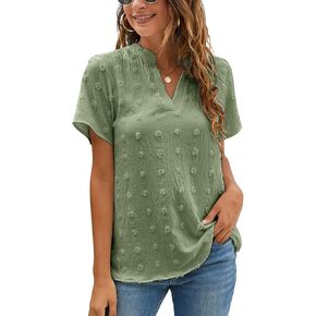 Blooming Jelly Womens White Chiffon Blouses Short Sleeve V Neck Shirts Summer Casual Polka Dot Tops in Kuwait