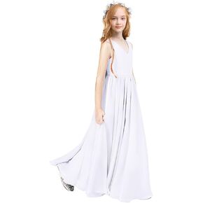 Flower Girl Flowy Ruffle Chiffon Trim A-Line Dress for Kid Wedding Junior Bridesmaid Communion Party Pageant Maxi Belted Gown