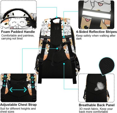 Cute Cat School Backpack for Boys Girls Portable Wide shoulder strap Backpack Lightweight Travel Bag College Casual Daypack with Reflective Strip Large in Saudi Arabia