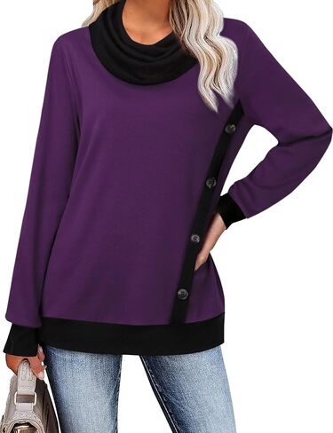 Youtalia Women's Long Sleeve Cowl Neck Pullover Button Side Tunic Sweatshirt in Kuwait