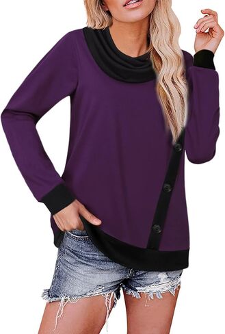 Youtalia Women's Long Sleeve Cowl Neck Pullover Button Side Tunic Sweatshirt in Kuwait