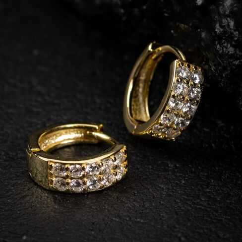 Iced Cz Two Row Cz Yellow Gold Plated Sterling Silver Men's Hoop Earrings in Saudi Arabia