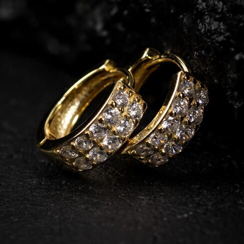 Iced Cz Two Row Cz Yellow Gold Plated Sterling Silver Men's Hoop Earrings in Saudi Arabia