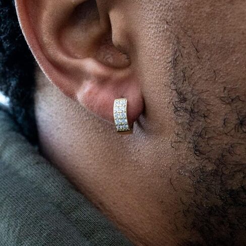 Iced Cz Two Row Cz Yellow Gold Plated Sterling Silver Men's Hoop Earrings in Saudi Arabia