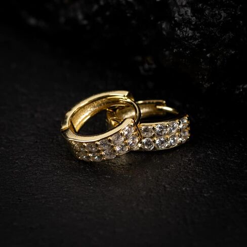 Iced Cz Two Row Cz Yellow Gold Plated Sterling Silver Men's Hoop Earrings in Saudi Arabia