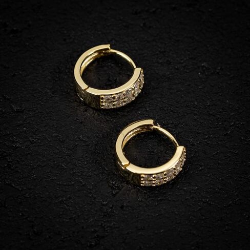 Iced Cz Two Row Cz Yellow Gold Plated Sterling Silver Men's Hoop Earrings in Saudi Arabia