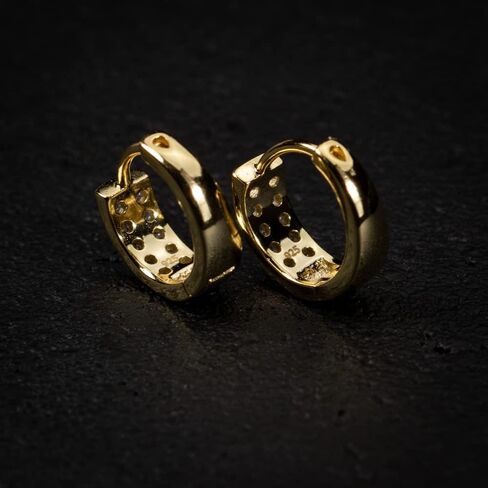 Iced Cz Two Row Cz Yellow Gold Plated Sterling Silver Men's Hoop Earrings in Saudi Arabia