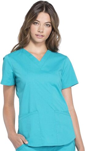 Women Scrubs Set Workwear Professionals WW665 V-Neck Top & WW170 Mid Rise Straight Leg Pull-on Cargo Pant, Teal Blue- M Top/M Pant in Saudi Arabia