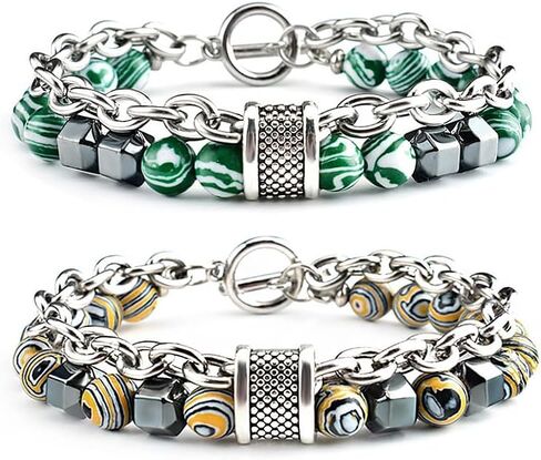 Nainsect Bead Bracelets Malachite Bracelet Metal Beads Hip Hop Gallstone Beaded Chain Bracelet Mens Beads Stretch Bracelet 2 PCS in Kuwait