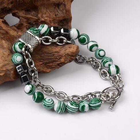 Nainsect Bead Bracelets Malachite Bracelet Metal Beads Hip Hop Gallstone Beaded Chain Bracelet Mens Beads Stretch Bracelet 2 PCS in Kuwait