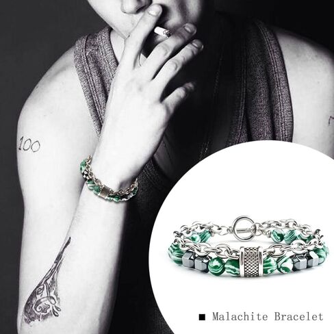 Nainsect Bead Bracelets Malachite Bracelet Metal Beads Hip Hop Gallstone Beaded Chain Bracelet Mens Beads Stretch Bracelet 2 PCS in Kuwait