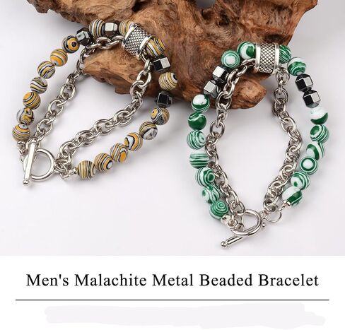 Nainsect Bead Bracelets Malachite Bracelet Metal Beads Hip Hop Gallstone Beaded Chain Bracelet Mens Beads Stretch Bracelet 2 PCS in Kuwait