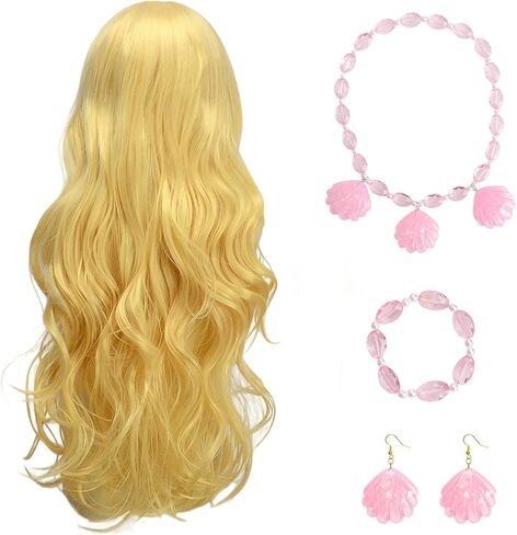 KISPATTI شقراء شعر مستعار باربي للنساء، شعر مستعار باربي شقراء مع الانفجارات، شعر مستعار أشقر طويل متموج الاصطناعية مجعد الشعر لحفلة عيد جميع القديسين تأثيري بما في ذلك شل قلادة أساور الأقراط وكأس شعر مستعار in Kuwait