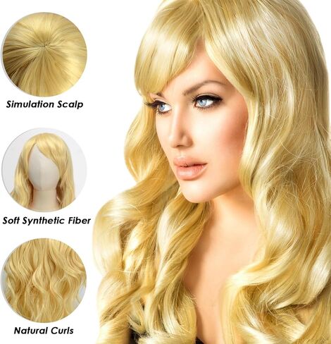 KISPATTI شقراء شعر مستعار باربي للنساء، شعر مستعار باربي شقراء مع الانفجارات، شعر مستعار أشقر طويل متموج الاصطناعية مجعد الشعر لحفلة عيد جميع القديسين تأثيري بما في ذلك شل قلادة أساور الأقراط وكأس شعر مستعار in Kuwait