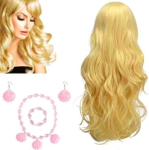 KISPATTI شقراء شعر مستعار باربي للنساء، شعر مستعار باربي شقراء مع الانفجارات، شعر مستعار أشقر طويل متموج الاصطناعية مجعد الشعر لحفلة عيد جميع القديسين تأثيري بما في ذلك شل قلادة أساور الأقراط وكأس شعر مستعار in Kuwait