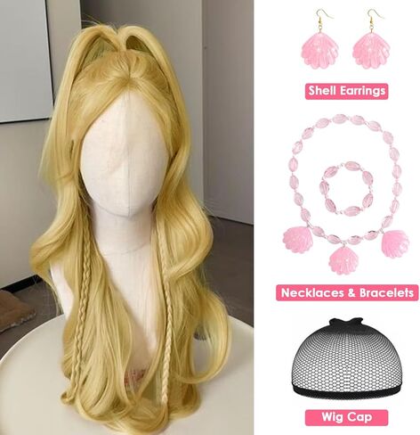 KISPATTI شقراء شعر مستعار باربي للنساء، شعر مستعار باربي شقراء مع الانفجارات، شعر مستعار أشقر طويل متموج الاصطناعية مجعد الشعر لحفلة عيد جميع القديسين تأثيري بما في ذلك شل قلادة أساور الأقراط وكأس شعر مستعار in Kuwait