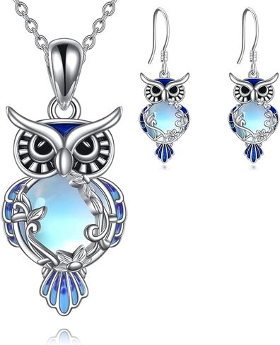 LUHE Moonstone البومة قلادة وأقراط مجموعة مجوهرات هدايا الفضة الاسترليني تخريمية البوم مجوهرات للنساء الفتيات in Saudi Arabia