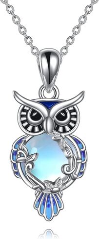 LUHE Moonstone البومة قلادة وأقراط مجموعة مجوهرات هدايا الفضة الاسترليني تخريمية البوم مجوهرات للنساء الفتيات in Saudi Arabia