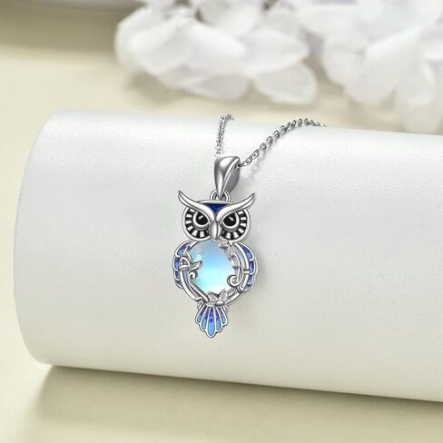 LUHE Moonstone البومة قلادة وأقراط مجموعة مجوهرات هدايا الفضة الاسترليني تخريمية البوم مجوهرات للنساء الفتيات in Saudi Arabia