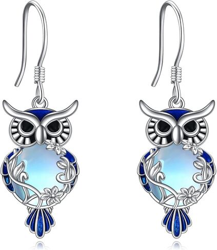 LUHE Moonstone البومة قلادة وأقراط مجموعة مجوهرات هدايا الفضة الاسترليني تخريمية البوم مجوهرات للنساء الفتيات in Saudi Arabia