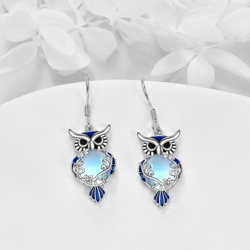 LUHE Moonstone البومة قلادة وأقراط مجموعة مجوهرات هدايا الفضة الاسترليني تخريمية البوم مجوهرات للنساء الفتيات in Saudi Arabia