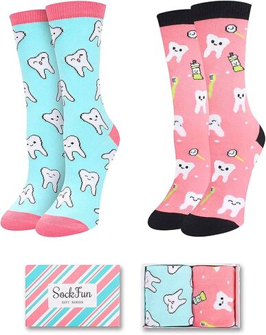 sockfun Women Teeth Dental Pineapple Library Card Chicken Bee Socks, Dentist Fruit Reading Animal Lover Gifts In 2 Pack in Kuwait