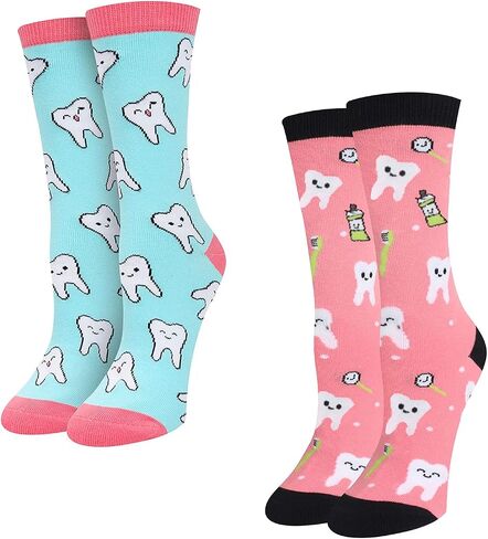 sockfun Women Teeth Dental Pineapple Library Card Chicken Bee Socks, Dentist Fruit Reading Animal Lover Gifts In 2 Pack in Kuwait