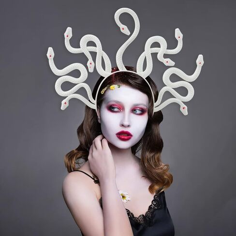 غطاء للرأس من Beaupkitty Medusa على شكل ثعبان، غطاء رأس هالوين ميدوسا زي تنكري تنكري للنساء الرجال الأبيض in Saudi Arabia