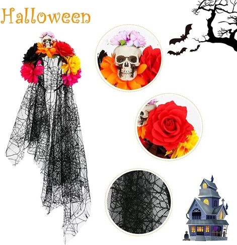 شريط راس للهالوين مع طرحة دانتيل اسود، شريط راس شبكي على شكل جمجمة دبليو جيانج بتصميم زهرة يوم الموتى للفتيات والسيدات والنساء، اكسسوارات ازياء الهالوين والحفلات التنكرية in Kuwait
